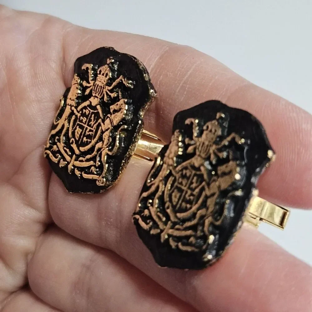Vintage Gold Tone Black Shield Coat Of Arms Family Crest Cuff Links